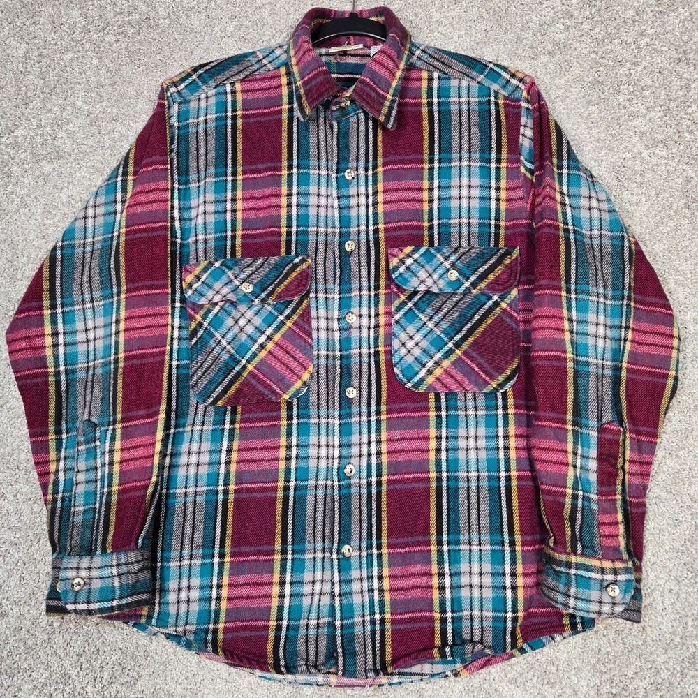 Vintage Five Brother Flannel Shirt Mens Medium Teal Purple Plaid 90s Heavyweight